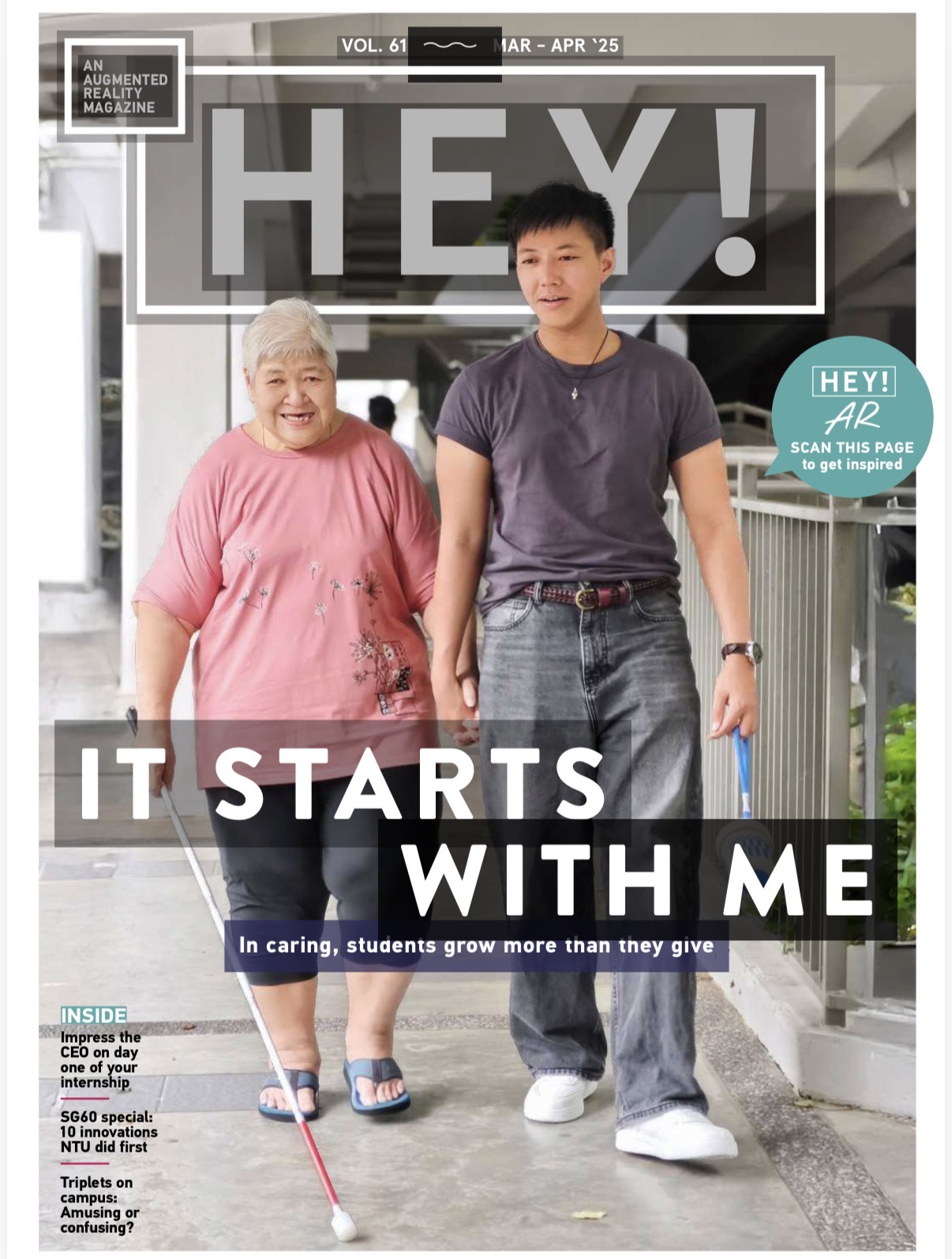Cover of NTU HEY! Issue 61 featuring a senior and volunteer